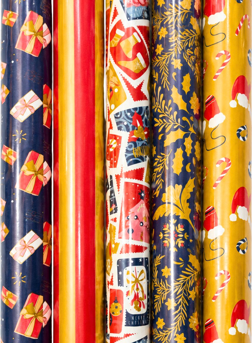 Cadeaupapier Set – Golden Christmas Collection (5 Stuks) – 200×70 cm – Navy, Rood & Goud – Cadeaus, Kerstpost, Hulst & Feestelijke Prints – Inpakpapier