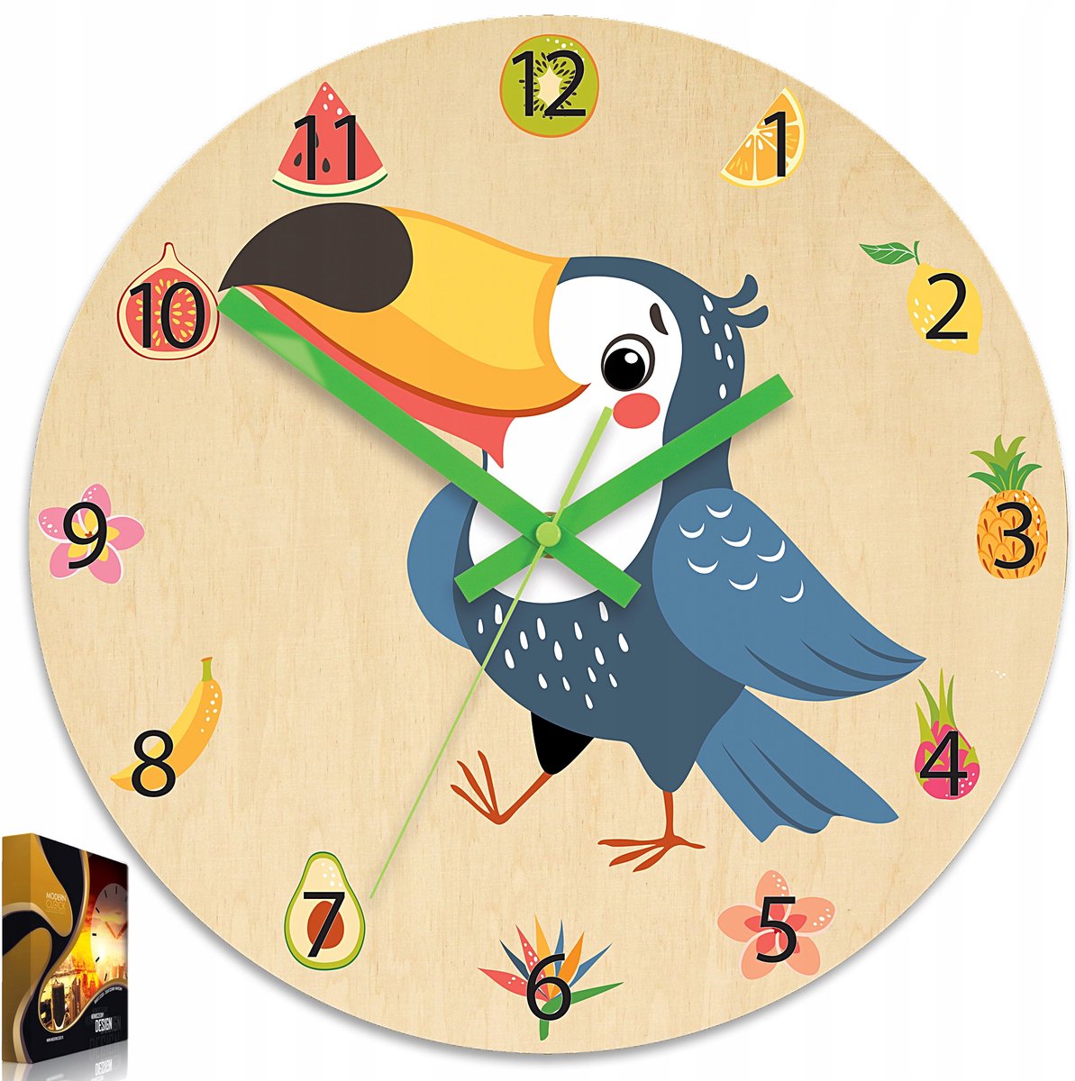 Moderne wandklok Tukan voor de kinderkamer - stil quartz uurwerk