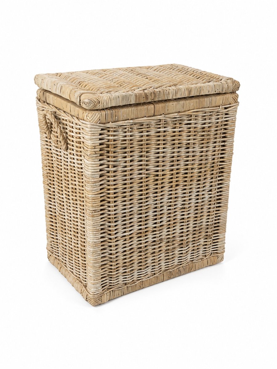 Hoge Rotan Opbergmand - Naturel - 60x37xH70 cm - Mand met Deksel - Rechthoek - Jute Handvatten