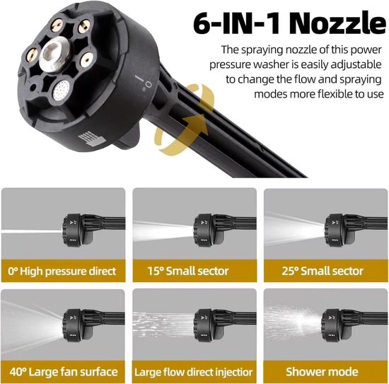 Draadloze Hogedrukreiniger - Accu Reiniger - Buiten Schoonmaken - 6-in-1 Mondstuk - 21V 60 Bar - Zwart — afbeelding 5
