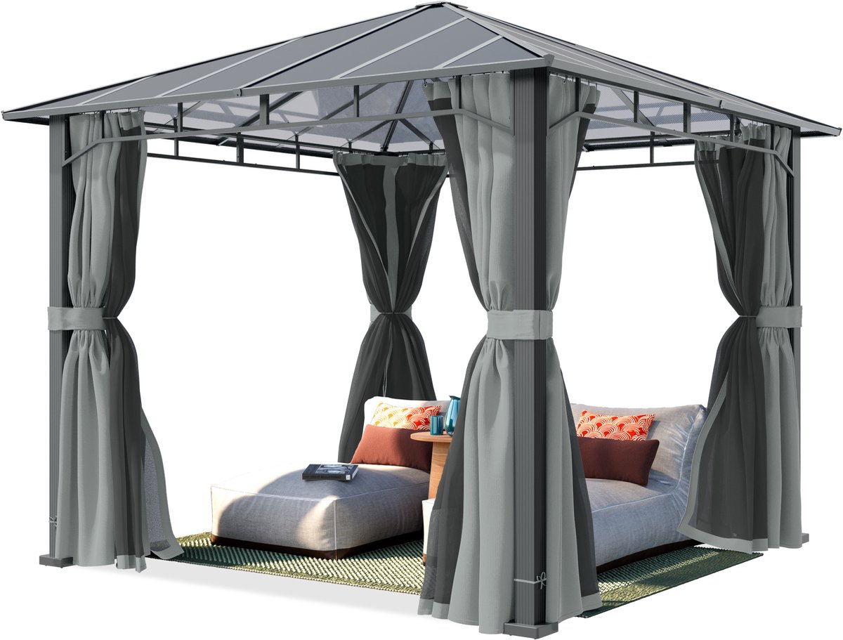 TOOLPORT Tuinpaviljoen 3x3 m, aluminium, polycarbonaat dak ca. 8 mm, grijs - met zijwanden en muggennetten