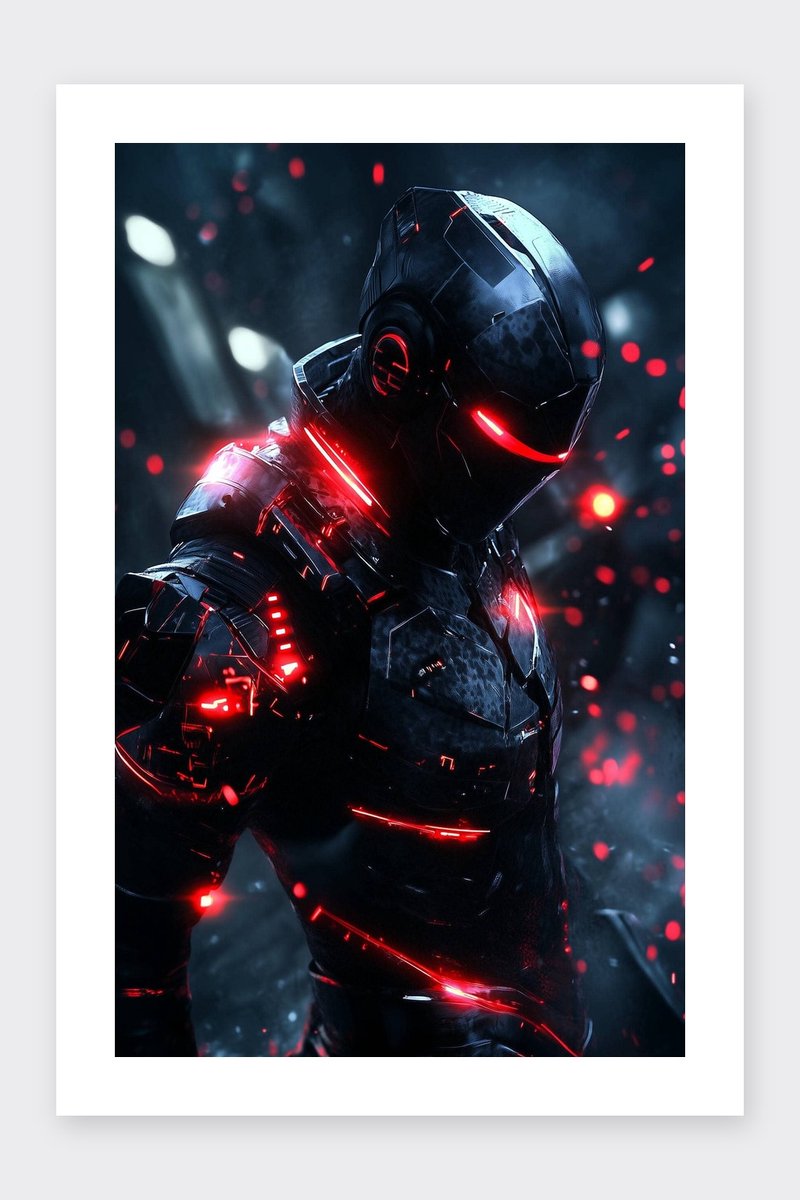 Zwarte Robot Poster - Sci-Fi - Cyberpunk - Fantasie - Futuristisch - Krachtig - Coole - posters - formaat 30x40cm - Wanddecoratie - BXS5294BY - Met kader - passe-partouts stijl