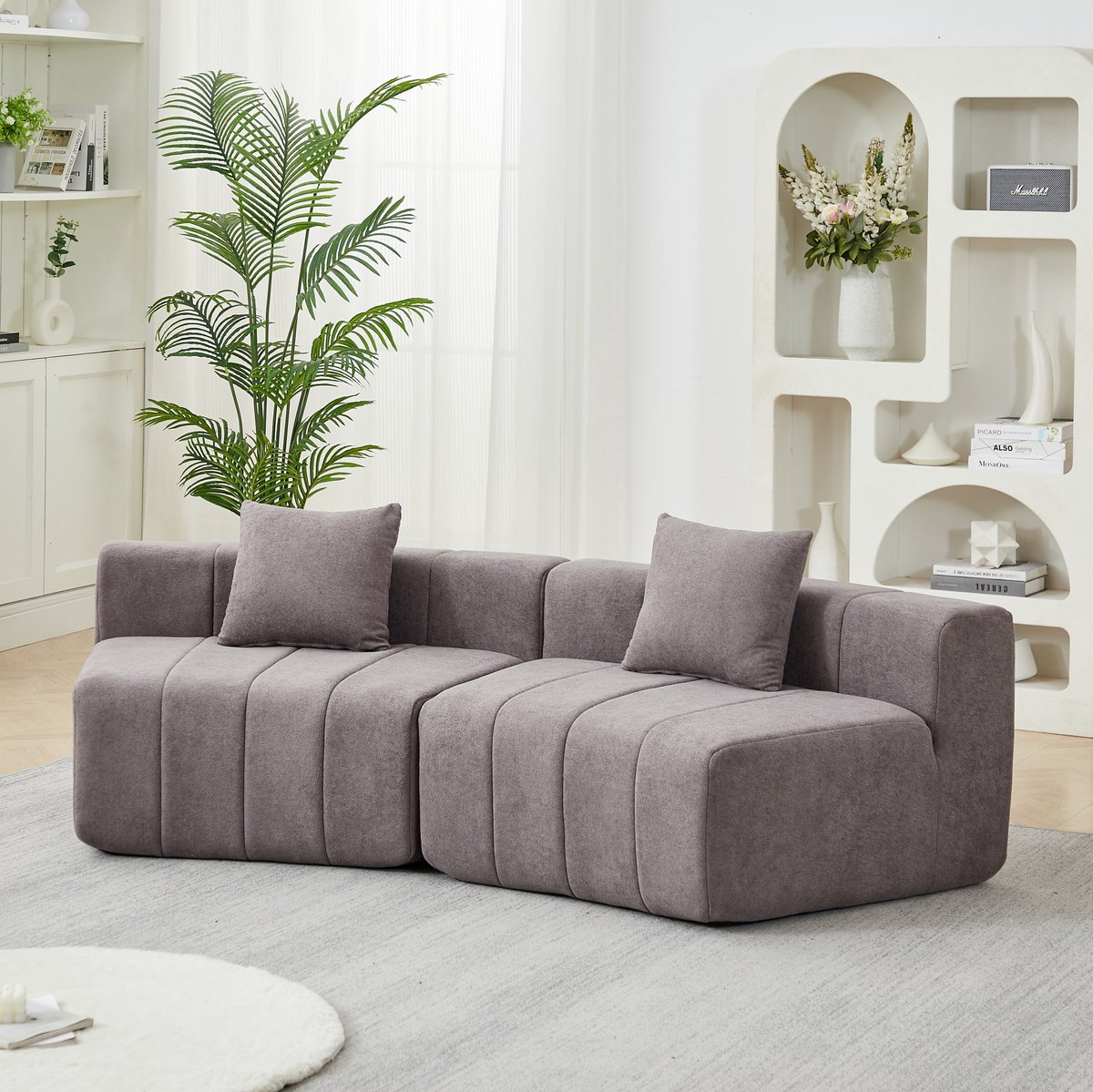 MIVRAY Bankonderdeel 223 x 83,8 x 73,6 cm - Gebogen Chenille Sofamodule Met 2 Kussens - Voor Woonkamer Slaapkamer En Kantoor - Stof Grijs