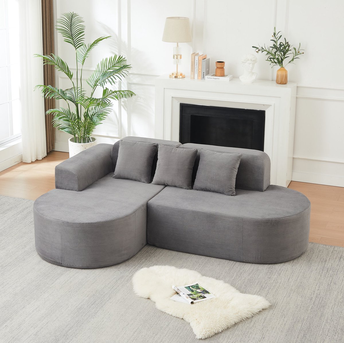 MIVRAY Hoekbank 220 x 155 cm - L-Vormig Modulair Design Met Gebogen Chaise Longue - Voor Woonkamer En Zithoek - Cord Grijs