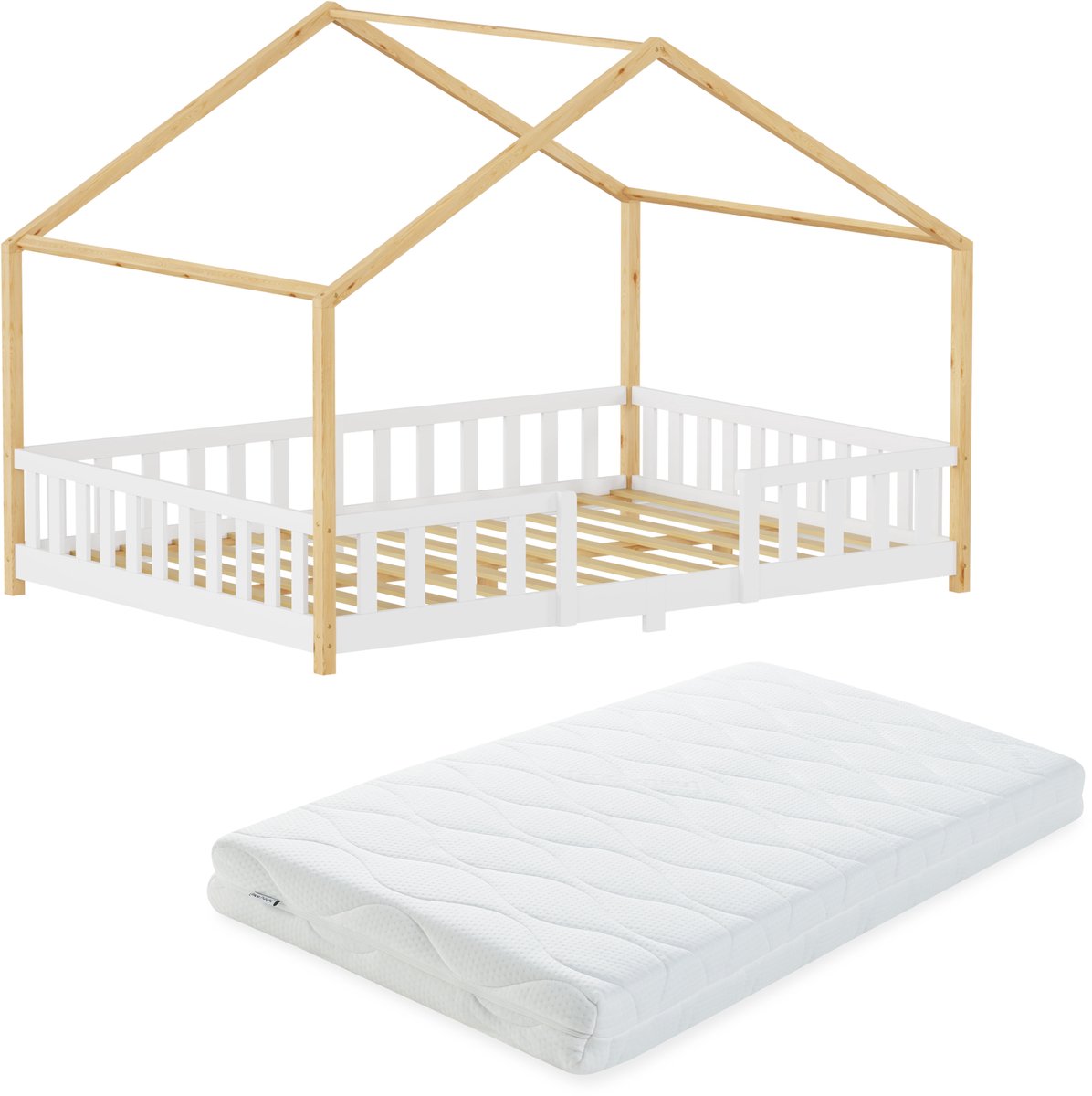 Kinderbed Treviolo met uitvalbeveiliging en matras 140x200 cm wit en naturel [en.casa]