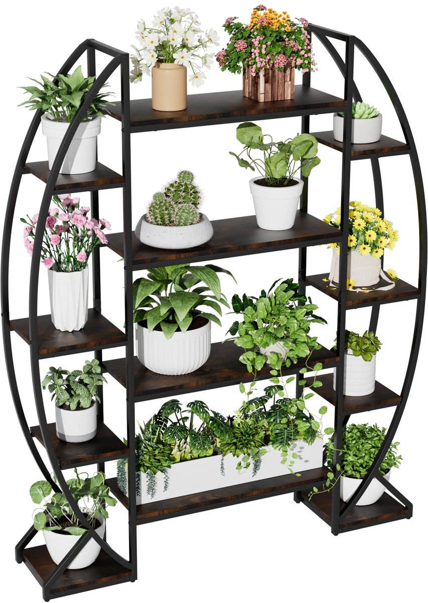 Chelsey-store - Industriële plantenstandaard met 5 niveaus - Metalen frame - MDF planken - Met kantelbeveiliging - 125 × 30 × 177 cm - Rustiek bruin