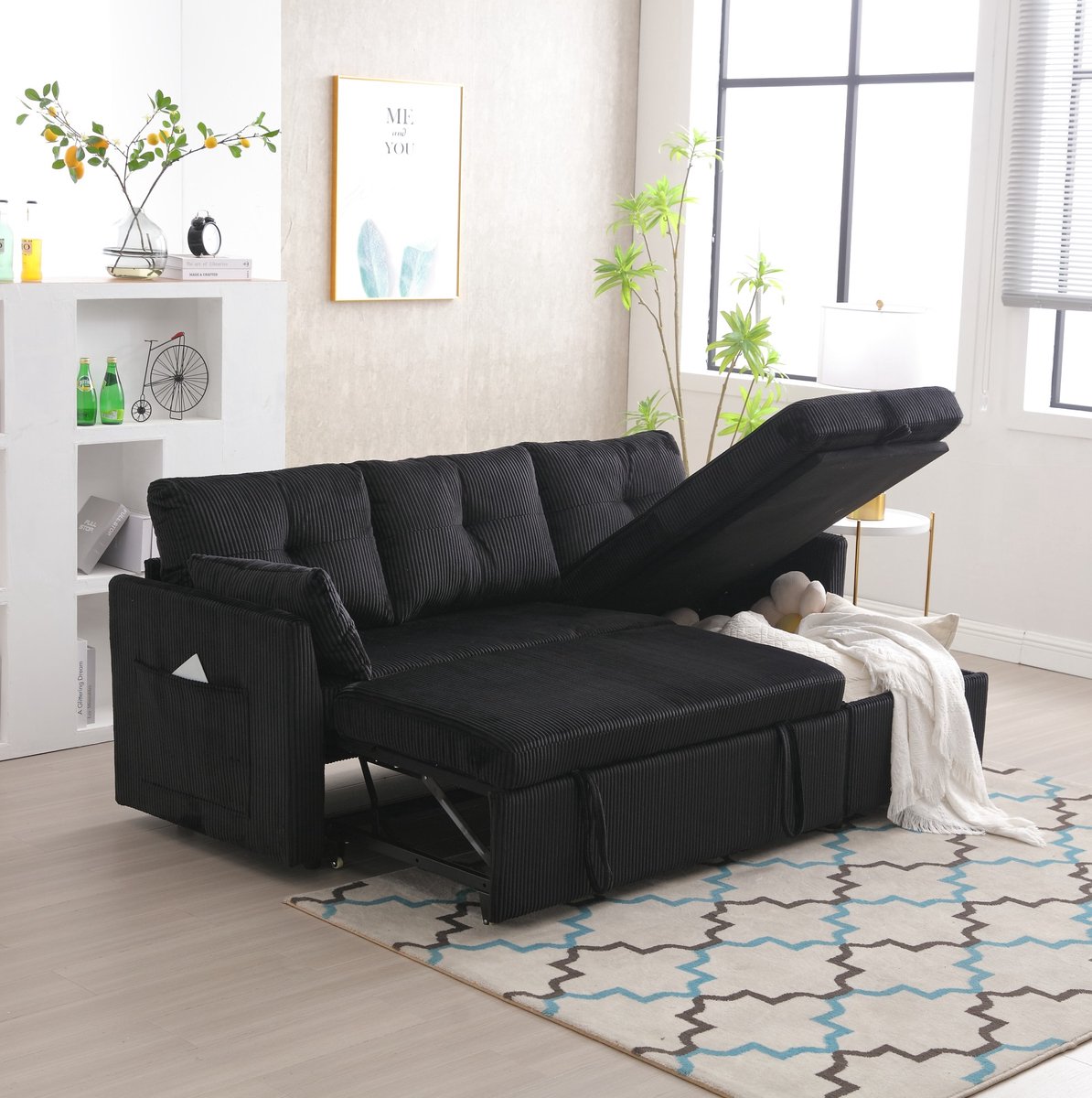 MIVRAY Slaapbank 206 x 108 x 66 cm - Modulair Met Opbergruimte En Uitschuifbed - Voor Woonkamer En Logeerkamer - Ribstof Zwart