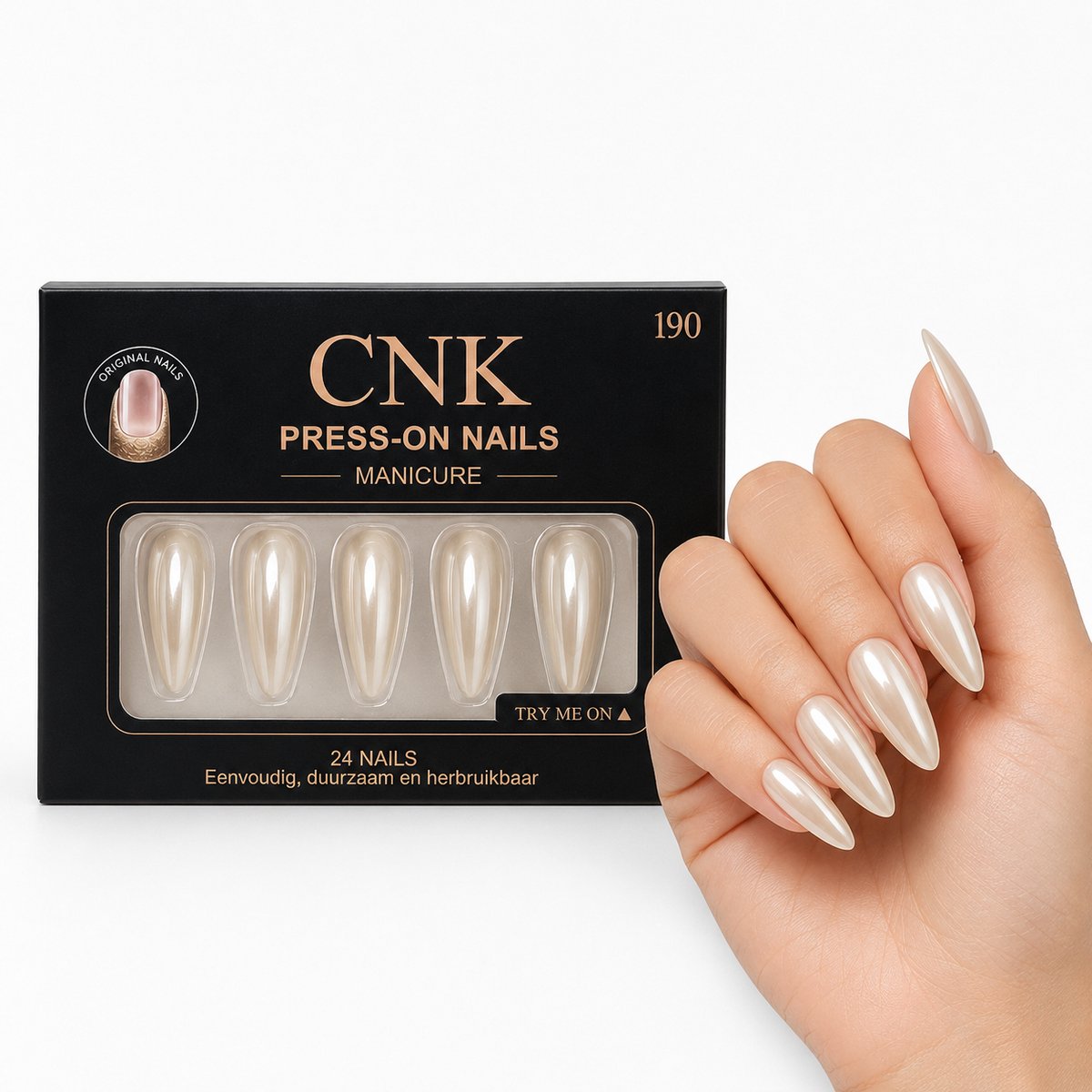 CNK 190 Press On Nails - Plaknagels - 24 Kunstnagels met Nagellijm, 24 Zelfklevende Plakstickers, Cleaner Wipe, Nagelvijl, Woodstick & Size Matcher - Nepnagels voor 7-14 Dagen - Herbruikbare Press-On Nagels - Starterspakket voor Manicure & Nail Art