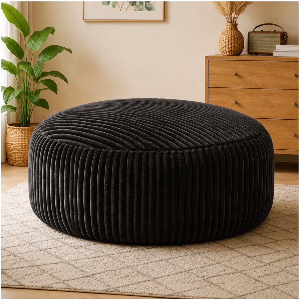MIVRAY Zitzak 143 Cm - Ronde Lazy Chair Met Traagschuim En Ribstof - Voor Woonkamer, Slaapkamer En Kantoor - Zwart