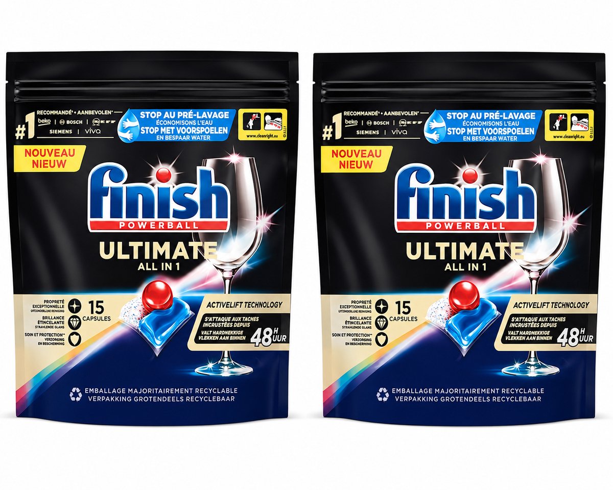 Finish Powerball - Ultimate All in 1 - Vaatwastabletten - Activelift - 15 Capsules - Voordeelverpakking - 2 stuks