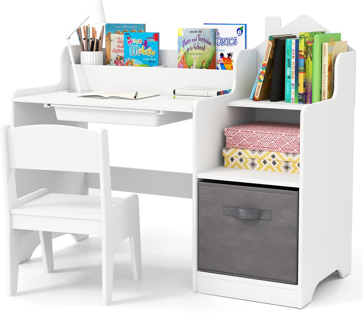COSTWAY Bureau voor kinderen, kinderbureau met stoel, lade, open planken en stoffen container, houten bureau voor scholieren, jeugdbureau voor kinderen vanaf 3 jaar, belasting 20/50 kg, wit