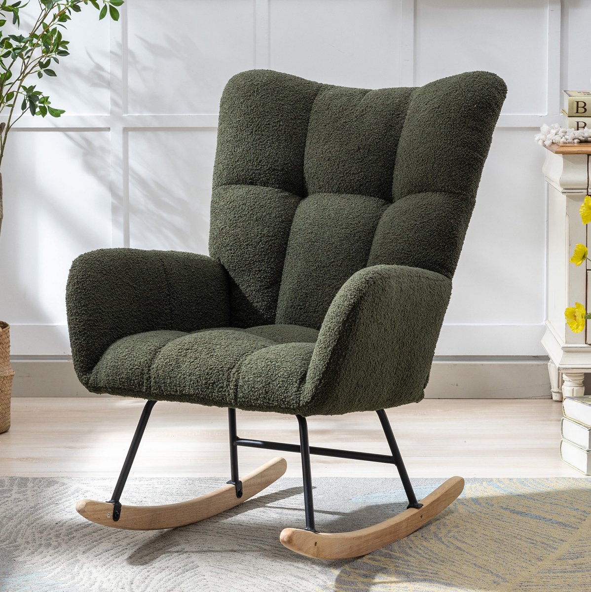 MIVRAY Schommelstoel Met Armleuningen 65 x 77 x 90 cm - Teddy Stof - Donkergroen - Ergonomisch En Zacht Voor Woonkamer En Babykamer