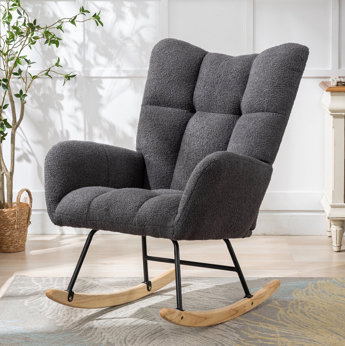 MIVRAY Schommelstoel Fauteuil 65 x 77 x 90 cm - Ergonomisch Met Armleuningen - Voor Woonkamer En Kinderkamer - Teddy Stof - Grijs