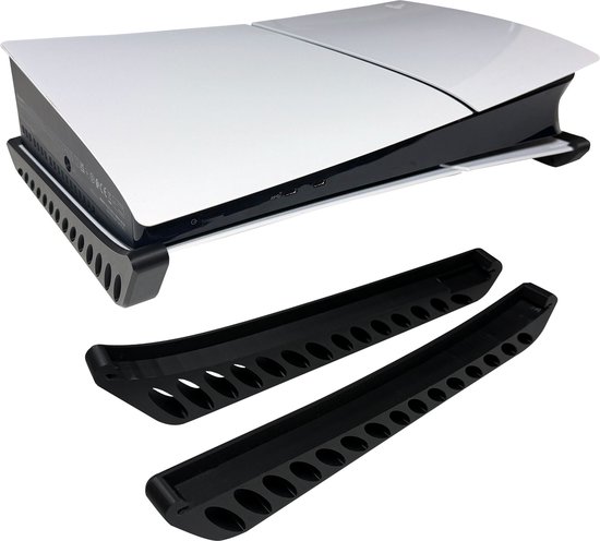 Playstation 5 met zwarte, horizontale standaard en twee losse zwarte standaards.