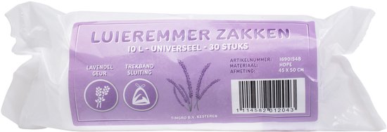 Verpakking met 30 Puck luieremmerzakken van 10 liter, met lavendelgeur en trekbandsluiting.