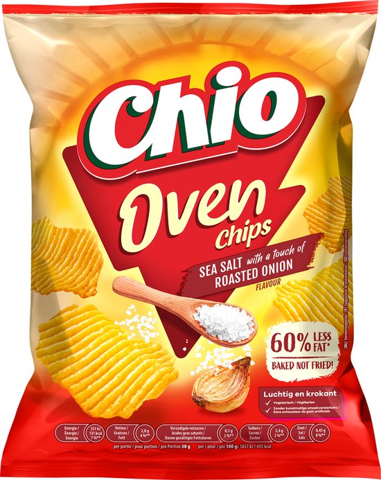 Zak Chio Oven Chips met zeezout en geroosterde ui, gegolfde chips, 60% minder vet, gebakken niet gefrituurd.