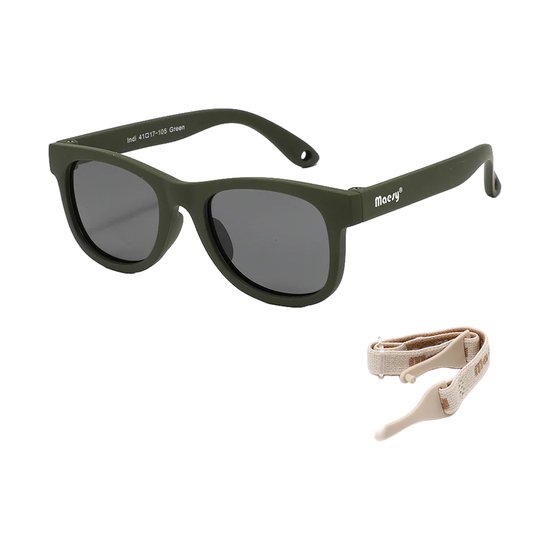 Lunettes de soleil vert foncé avec verres gris et une sangle beige.