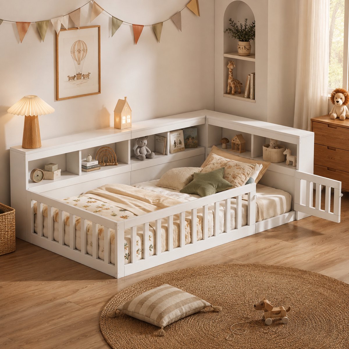 Welltin Kinderbed 90x200 cm - Eenpersoonsbed - Vloerbed - Grondbed - Multifunctioneel bed - Open opbergruimte - Met hoofdeinde - Met stopcontact en USB-poort - Met vangrail - Dennenhout - Ruimtebesparend - Snelle montage - Wit