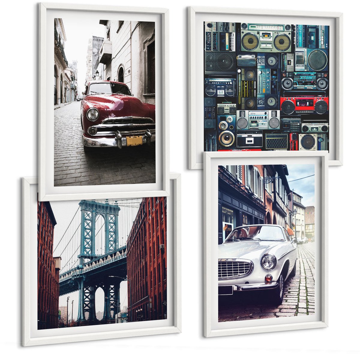 Coloray 4-Delige Schilderij Set - Oude Auto'S Op Straat Bij De Brooklyn Bridge En Retro Audioapparatuur - 40 x 40 En 40 x 60 - Moderne Wanddecoratie - Woonkamer - Stijlvolle Muurdecoratie