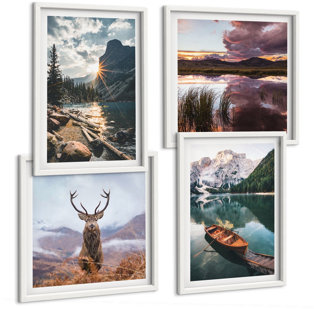 Coloray 4-Delige Schilderij Set - Bergmeer Lodz Zonsondergang Hert In De Natuur - 40 x 40 En 40 x 60 - Muurdecoratie - Interieur Decoratie - Woonkamer Decoratie