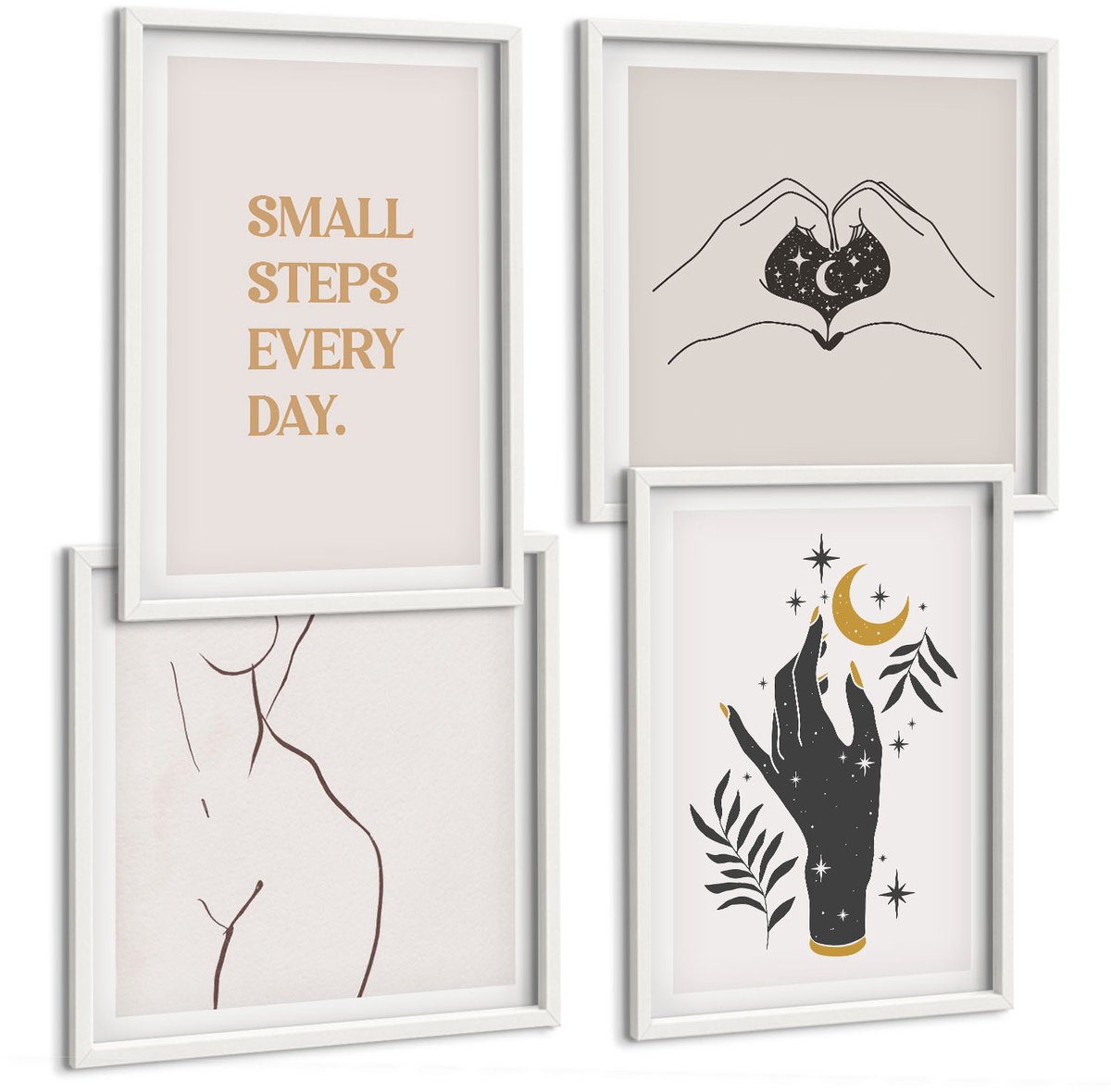 Coloray 4-Delige Schilderij Set - Minimalistische Illustraties Die Boho-Tekst Inspireren - 40 x 40 En 40 x 60 - Decoratieve Muurdecoratie - Slaapkamer - Wanddecoratie