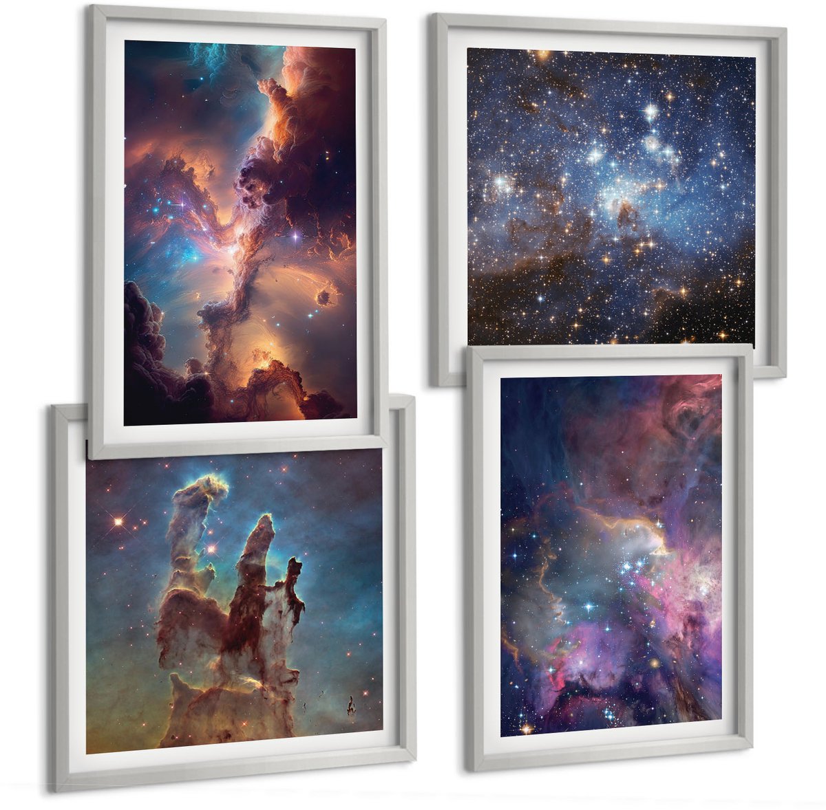 Coloray 4-Delige Schilderij Set - Ruimtelandschappen Met Sterren En Nevels - 40 x 40 cm En 40 x 60 cm - Muurdecoratie - Interieur Decoratie