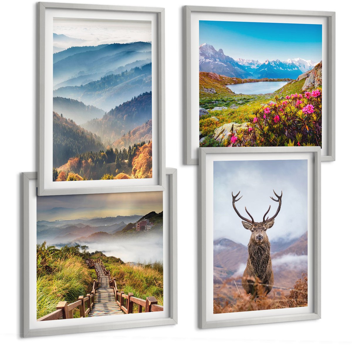 Coloray 4-Delige Schilderij Set - Berglandschappen Met Meer En Herten In De Natuur - 40 x 40 cm En 40 x 60 cm - Moderne Wanddecoratie - Slaapkamer - Decoratieve Schilderijen