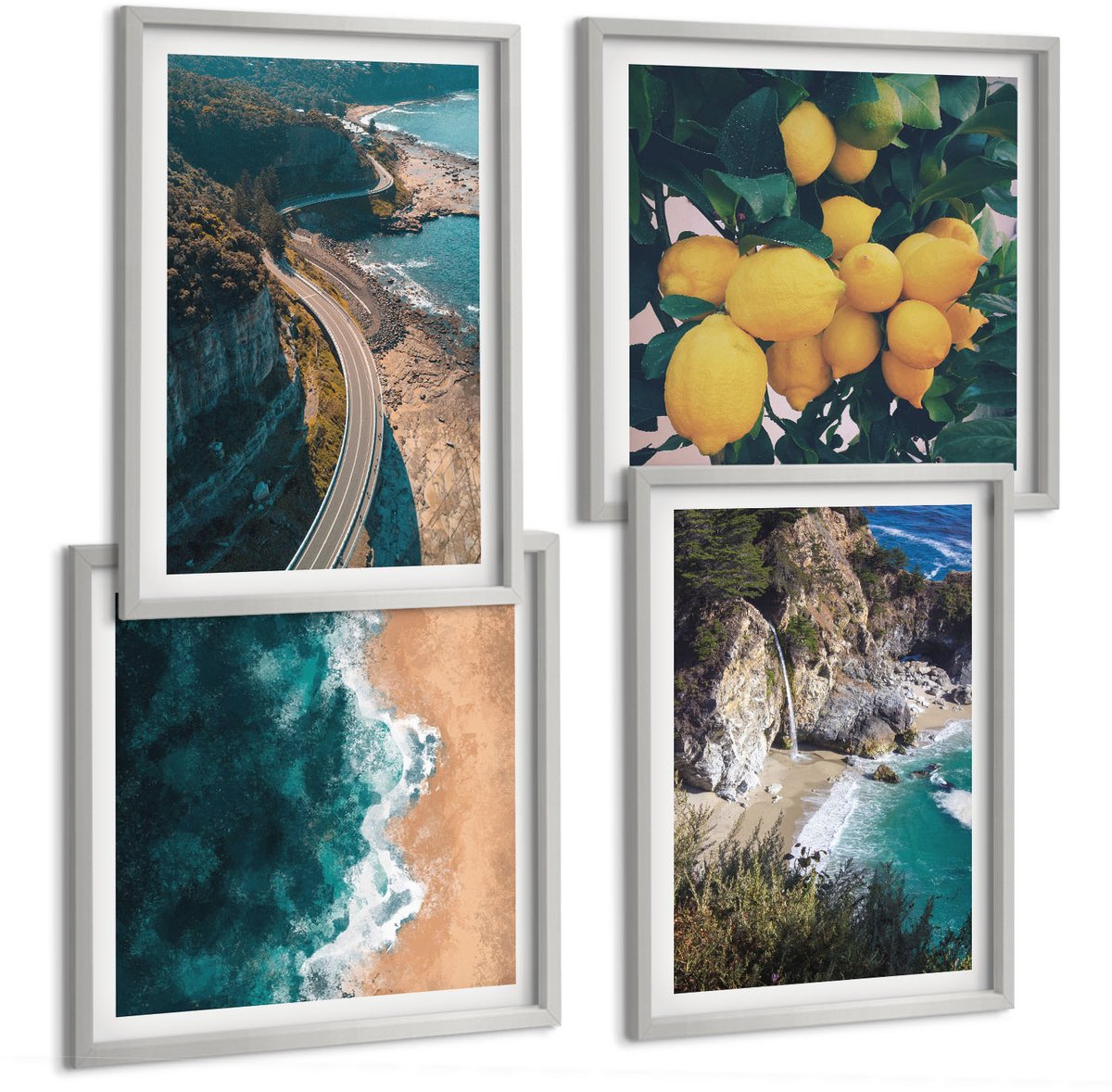 Coloray 4-Delige Schilderij Set - Zeestrand Citroenen Berglandschap Kustweg - 40 x 40 cm En 40 x 60 cm - Muurdecoratie - Wanddecoratie - Hal - Moderne Wanddecoratie