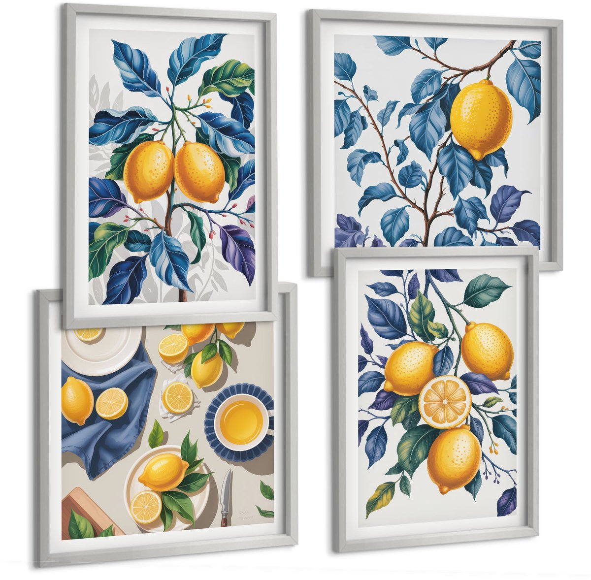Coloray 4-Delige Schilderij Set - Citroenen Aan Takken Met Blauwe Bladeren - 40 x 40 cm En 40 x 60 cm - Stijlvolle Muurdecoratie - Kantoor