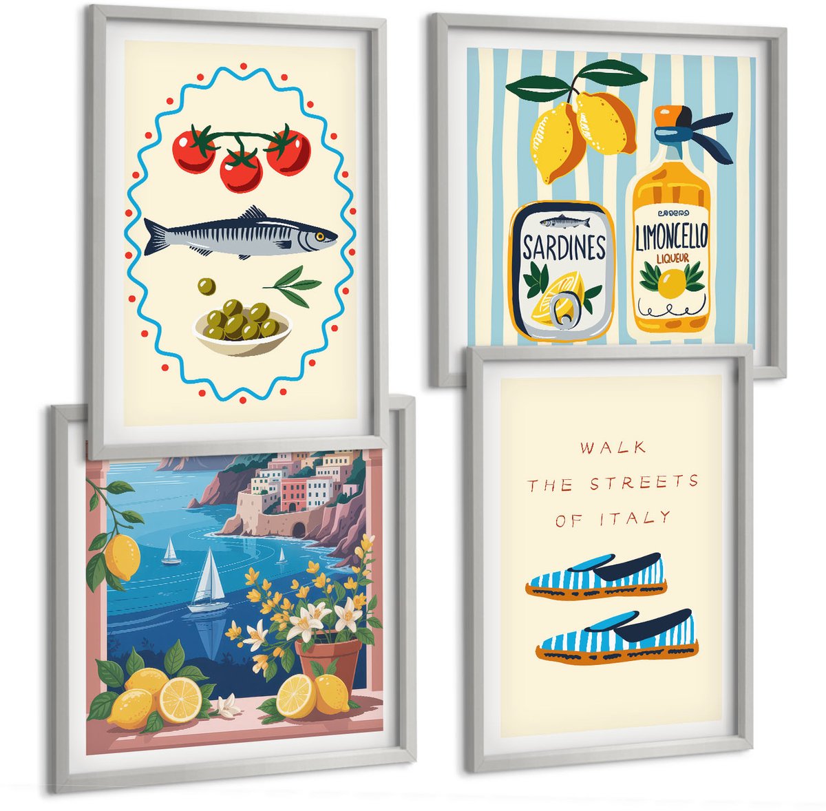 Coloray 4-Delige Schilderij Set - Italiaanse Smaken En Levensstijl In Kleurrijke Afbeeldingen - 40 x 40 cm En 40 x 60 cm - Muurdecoratie - Decoratieve Schilderijen - Wohnzimmer - Moderne Wanddecoratie