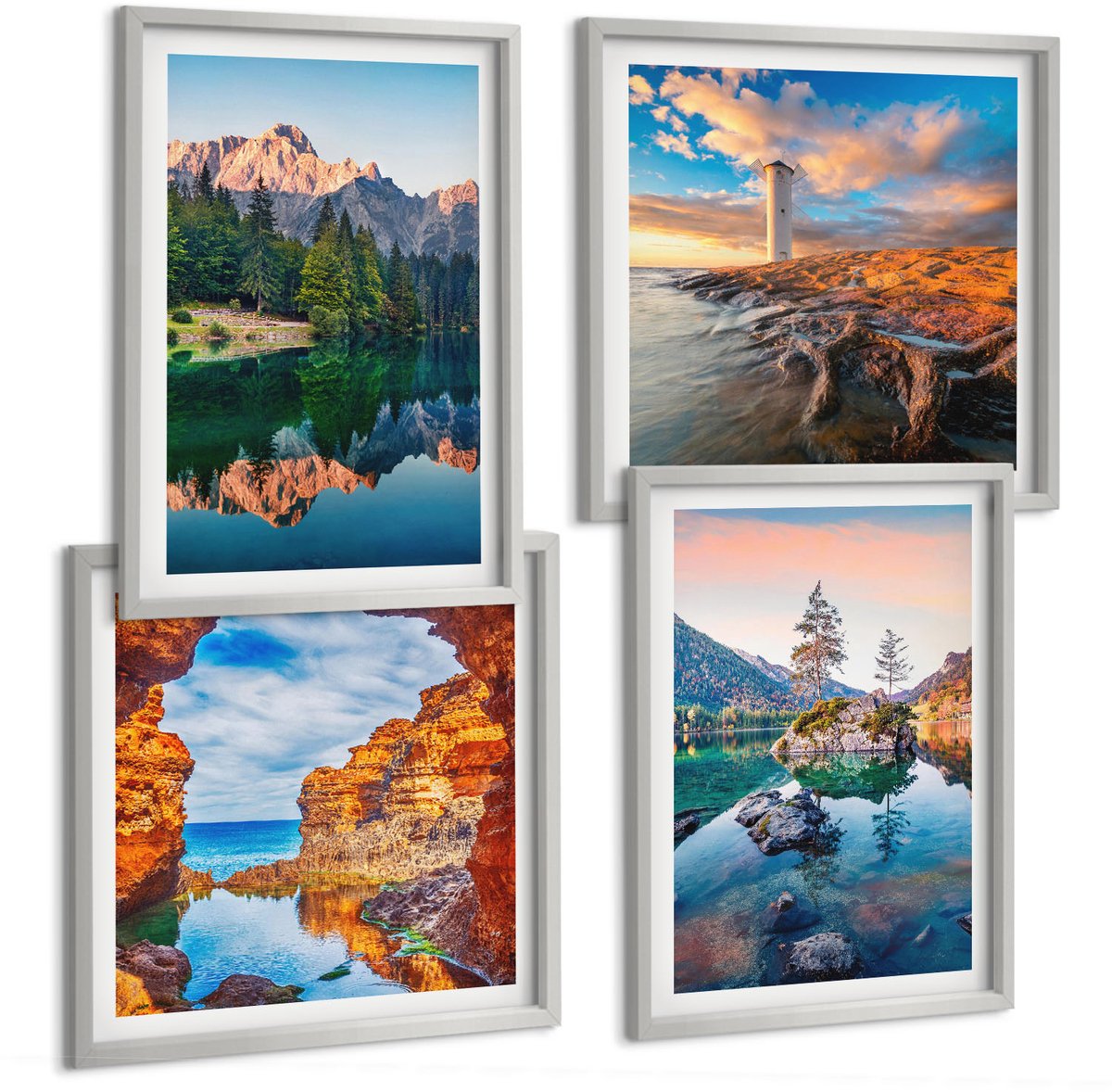 Coloray 4-Delige Schilderij Set - Bergmeren Met Weerspiegelingen In Het Water En De Rotsen. - 40 x 40 cm En 40 x 60 cm - Muurdecoratie - Schilderijen Set - Woonkamer