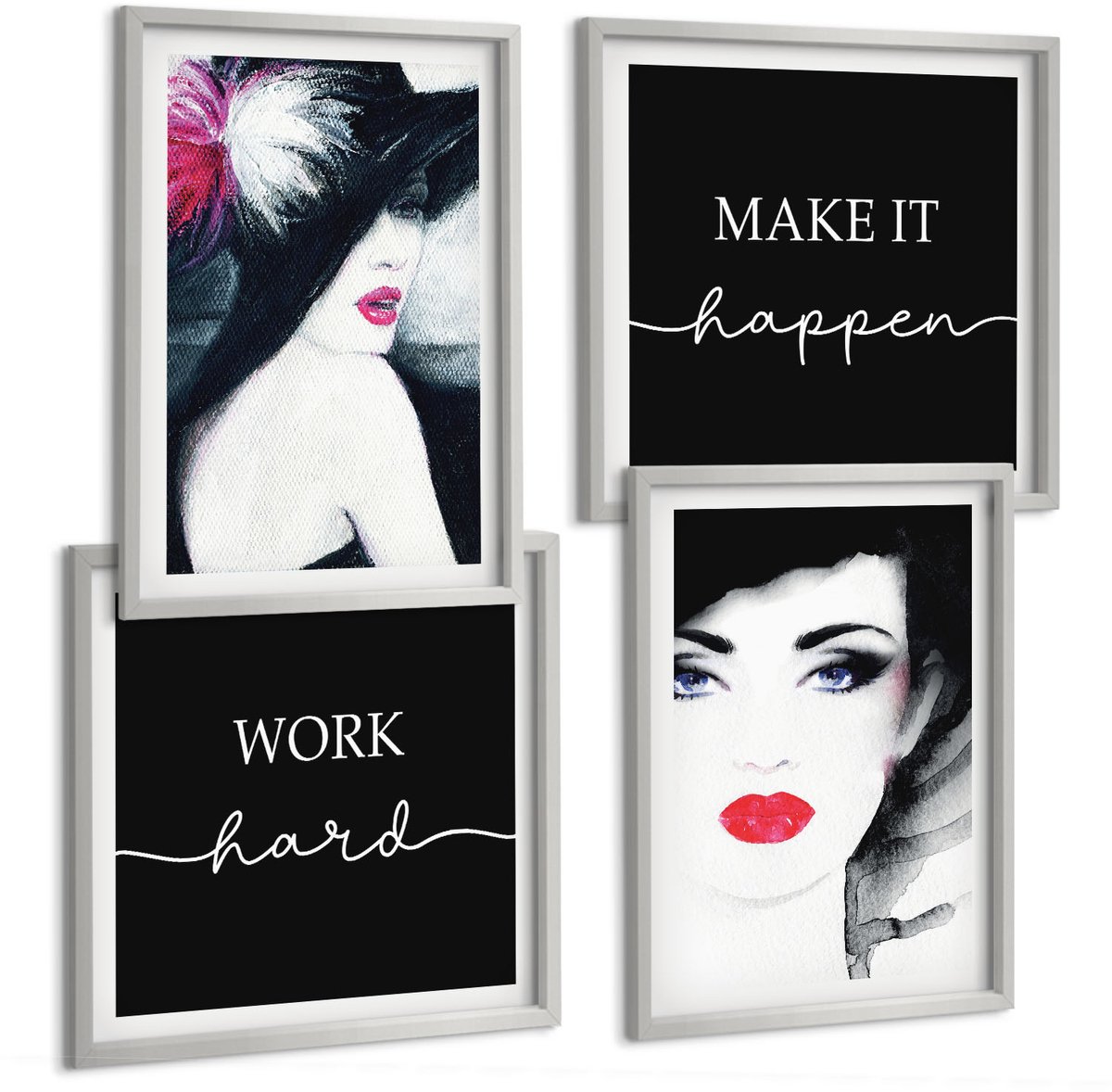 Coloray 4-Delige Schilderij Set - Geschilderde Portretten Van Vrouwen Met Expressieve Lippen - 40 x 40 cm En 40 x 60 cm - Wanddecoratie - Moderne Interieurdecoratie - Moderne Wanddecoratie