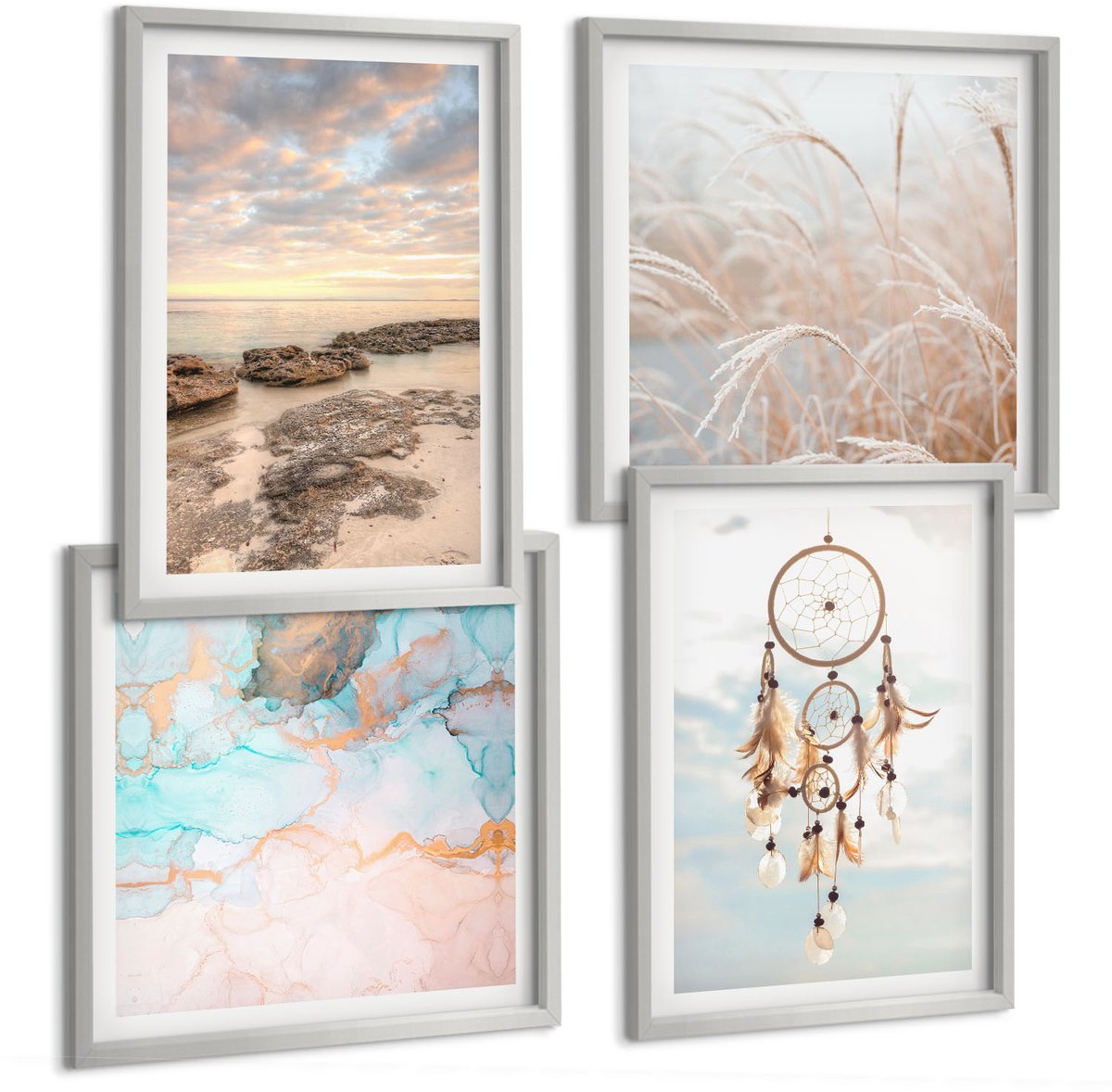 Coloray 4-Delige Schilderij Set - Zeezicht Met Wolken, Dromenvanger En Gras - 40 x 40 cm En 40 x 60 cm - Wanddecoratie - Muurdecoratie - Moderne Interieurdecoratie