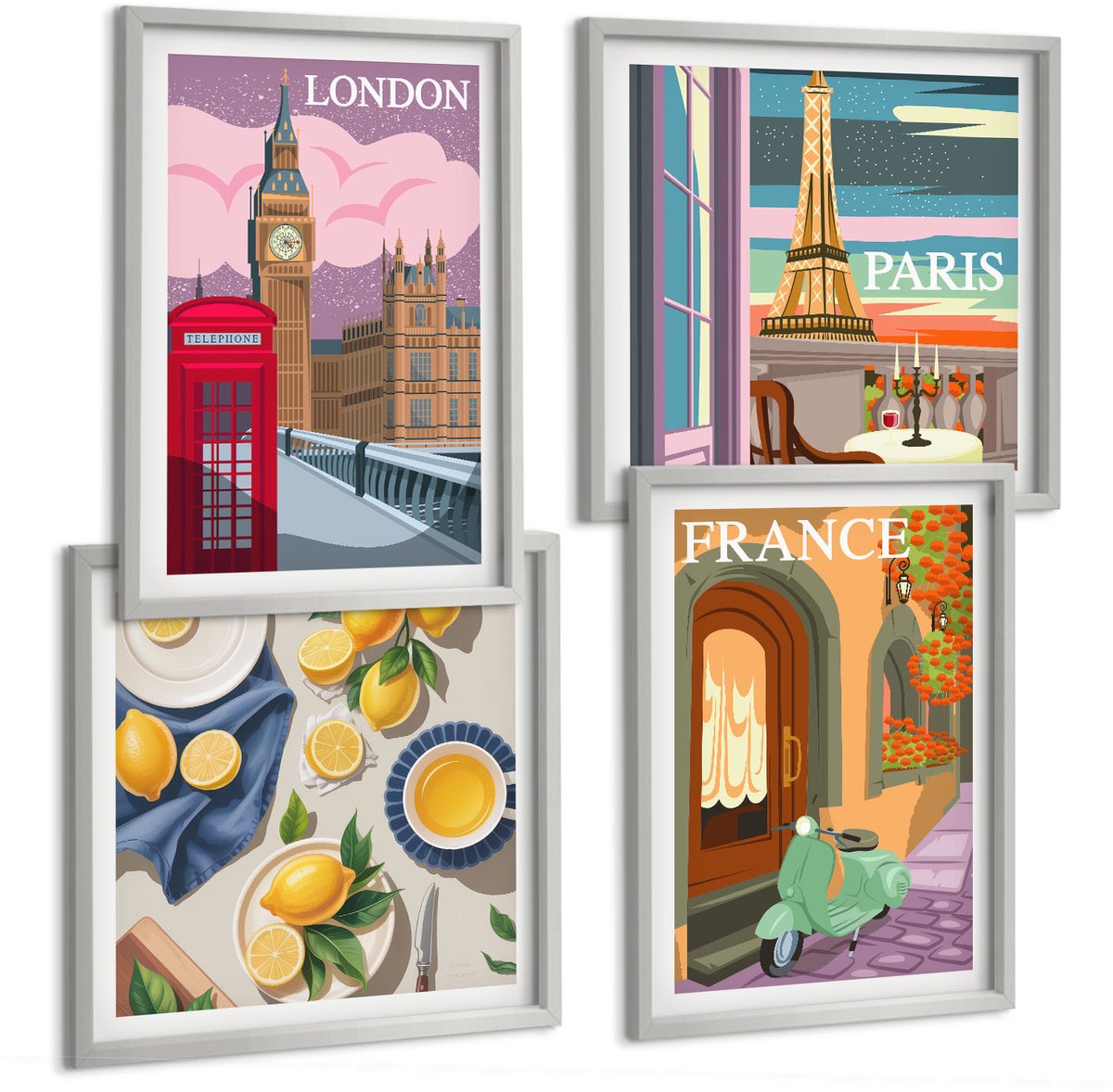 Coloray 4-Delige Schilderij Set - Stadsgezichten Parijs Londen En Frankrijk Citroenen - 40 x 40 cm En 40 x 60 cm - Muurdecoratie - Wanddecoratie - Hal
