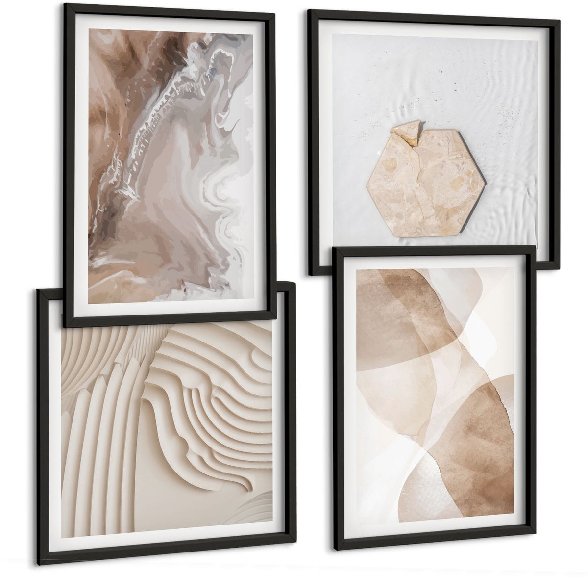 Coloray 4-Delige Schilderij Set - Abstracte Vormen, Geschilderde Structuren In Pastelkleuren. - 40 x 40 cm En 40 x 60 cm - Muurdecoratie - Schilderijen Set - Woonkamer - Moderne Wanddecoratie Zwarte lijst