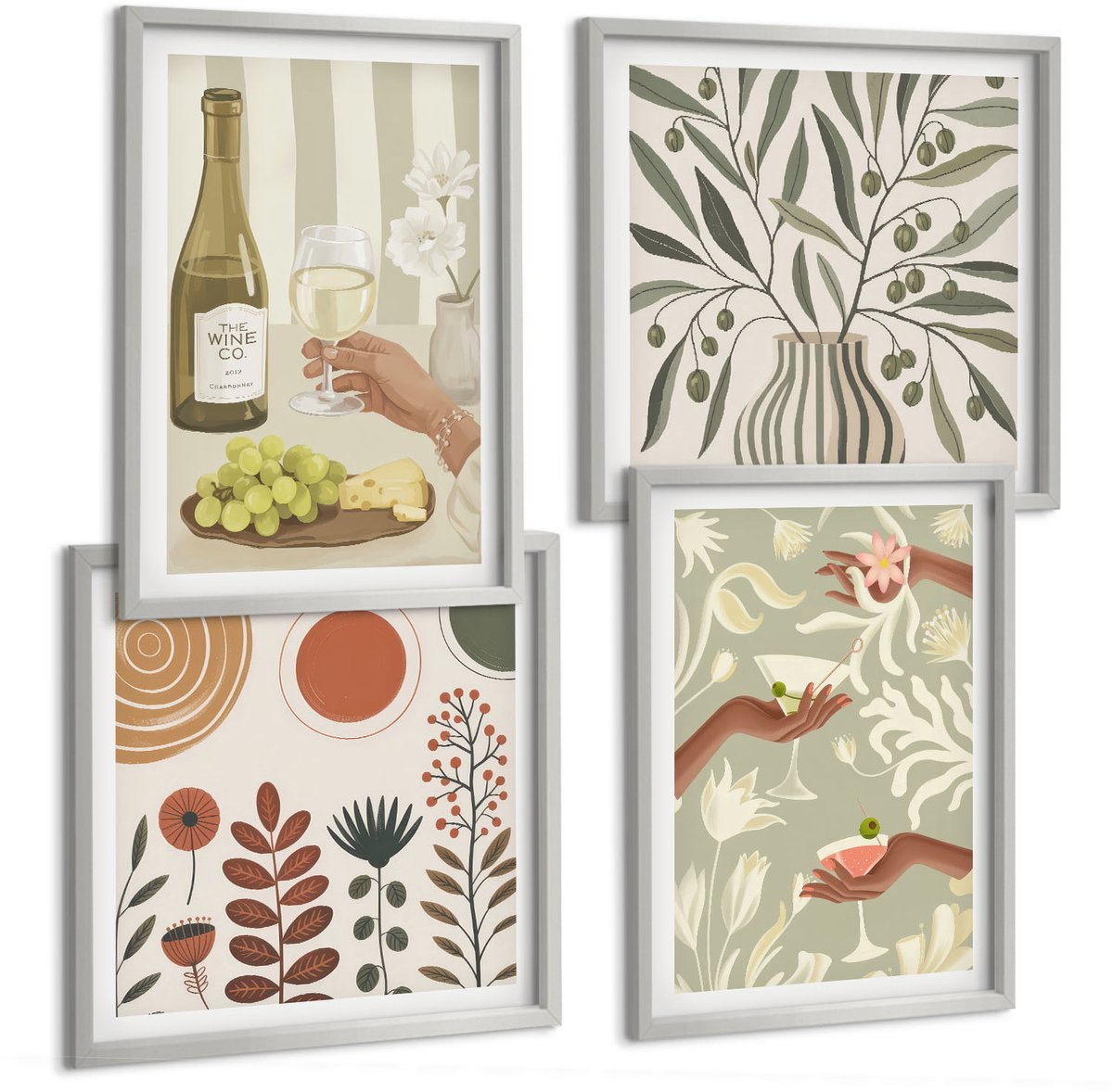 Coloray 4-Delige Schilderij Set - Olijfbloemen En Rustieke Cocktails - 40 x 40 cm En 40 x 60 cm - Moderne Wanddecoratie - Woonkamer