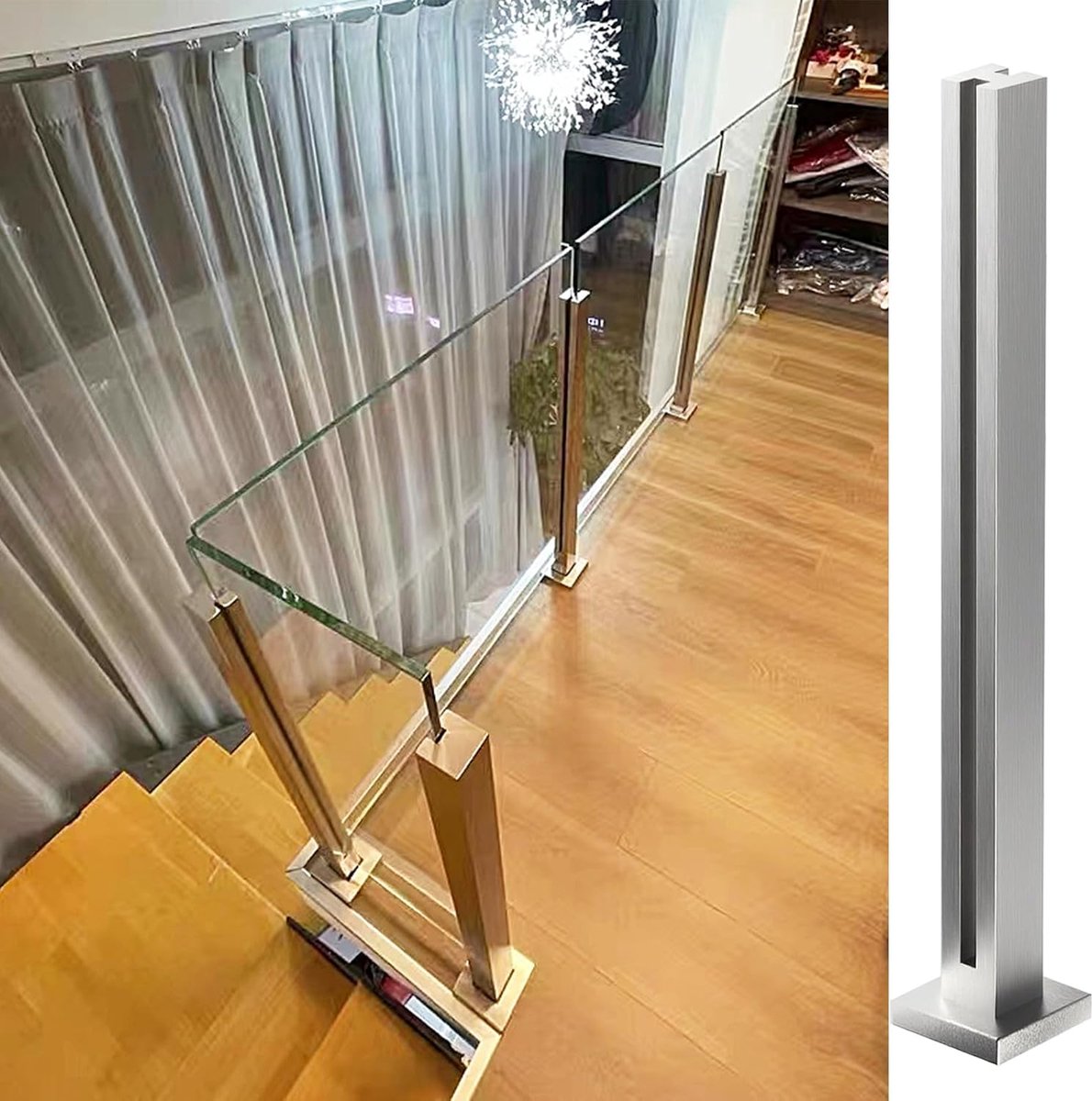 Glazen balustradepaal, 80cm, Roestvrijstalen glasklem voor glas van 0,8–1,2 cm dik, glazen balustrade voor balkon, trappen, tuin, terras, trappenhuis