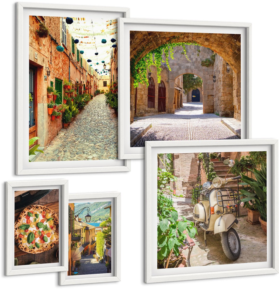 Coloray 5-Delige Schilderij Set - Sfeervolle Straatjes En Heerlijke Gerechten In Italiaanse Stijl. - 50 x 50 cm, 20 x 30 cm En 40 x 60 cm - Moderne Wanddecoratie - Slaapkamer - Stijlvolle Muurdecoratie