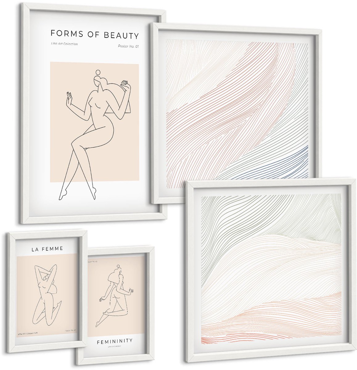 Coloray 5-Delige Schilderij Set - Prachtige Vormen, Lijnen En Silhouetten In Een Minimalistische Stijl. - 50 x 50 cm, 20 x 30 cm En 40 x 60 cm - Wanddecoratie - Moderne Interieurdecoratie - Decoratieve Schilderijen