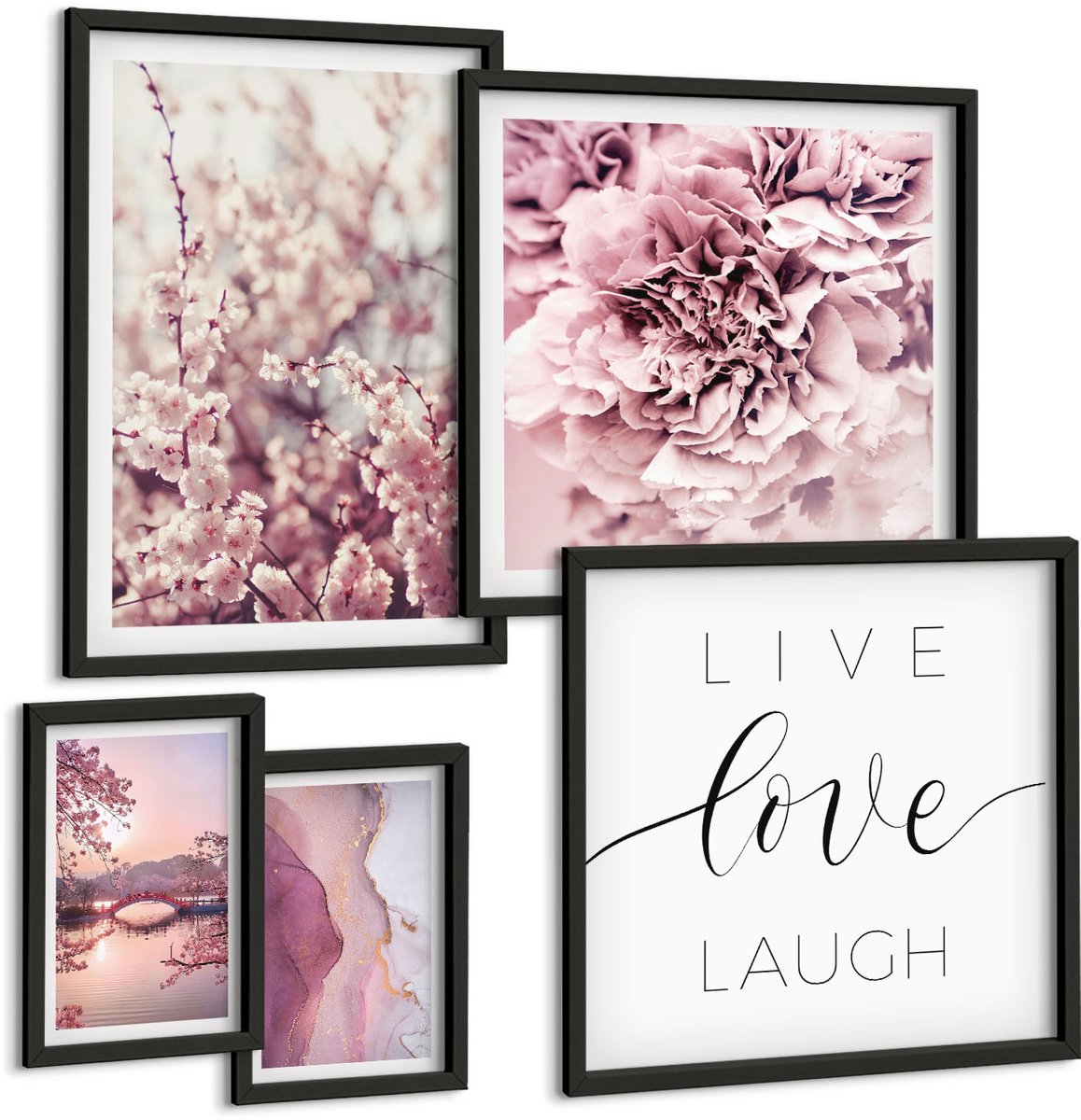 Coloray 5-Delige Schilderij Set - Bloemmotieven Met Inspirerende Slogans In Pasteltinten - 50 x 50 cm, 20 x 30 cm En 40 x 60 cm - Muurdecoratie - Decoratieve Schilderijen - Wohnzimmer - Moderne Wanddecoratie