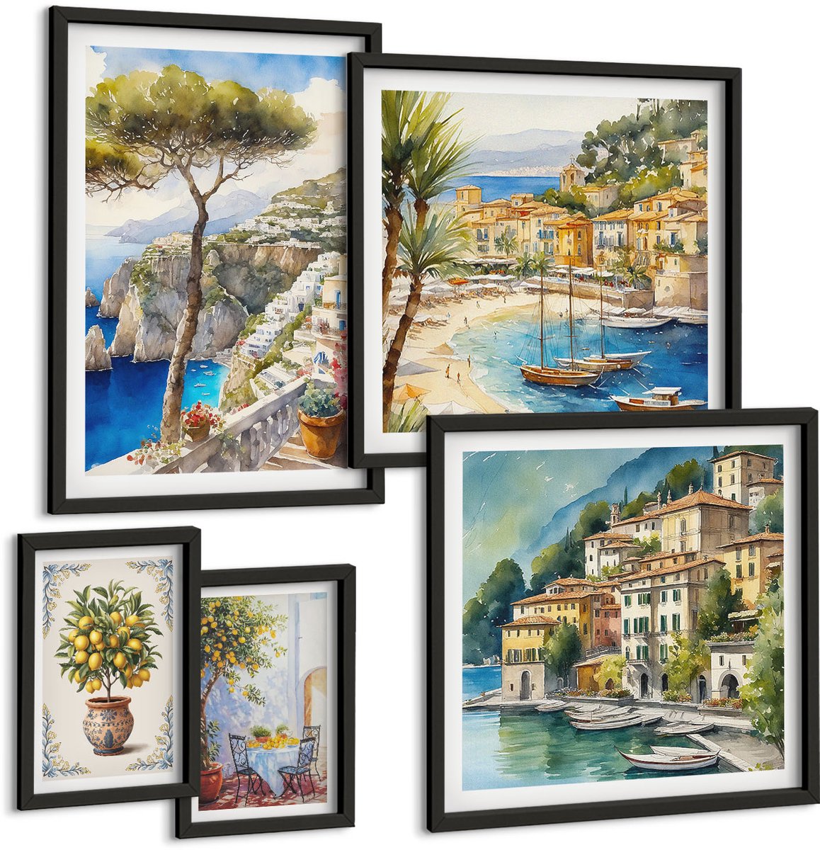 Coloray 5-Delige Schilderij Set - Stijlvolle Uitzichten Op Kustplaatsen En Italiaanse Landschappen - 50 x 50 cm, 20 x 30 cm En 40 x 60 cm - Wanddecoratie - Woonkamer Decoratie - Muurdecoratie Zwarte lijst