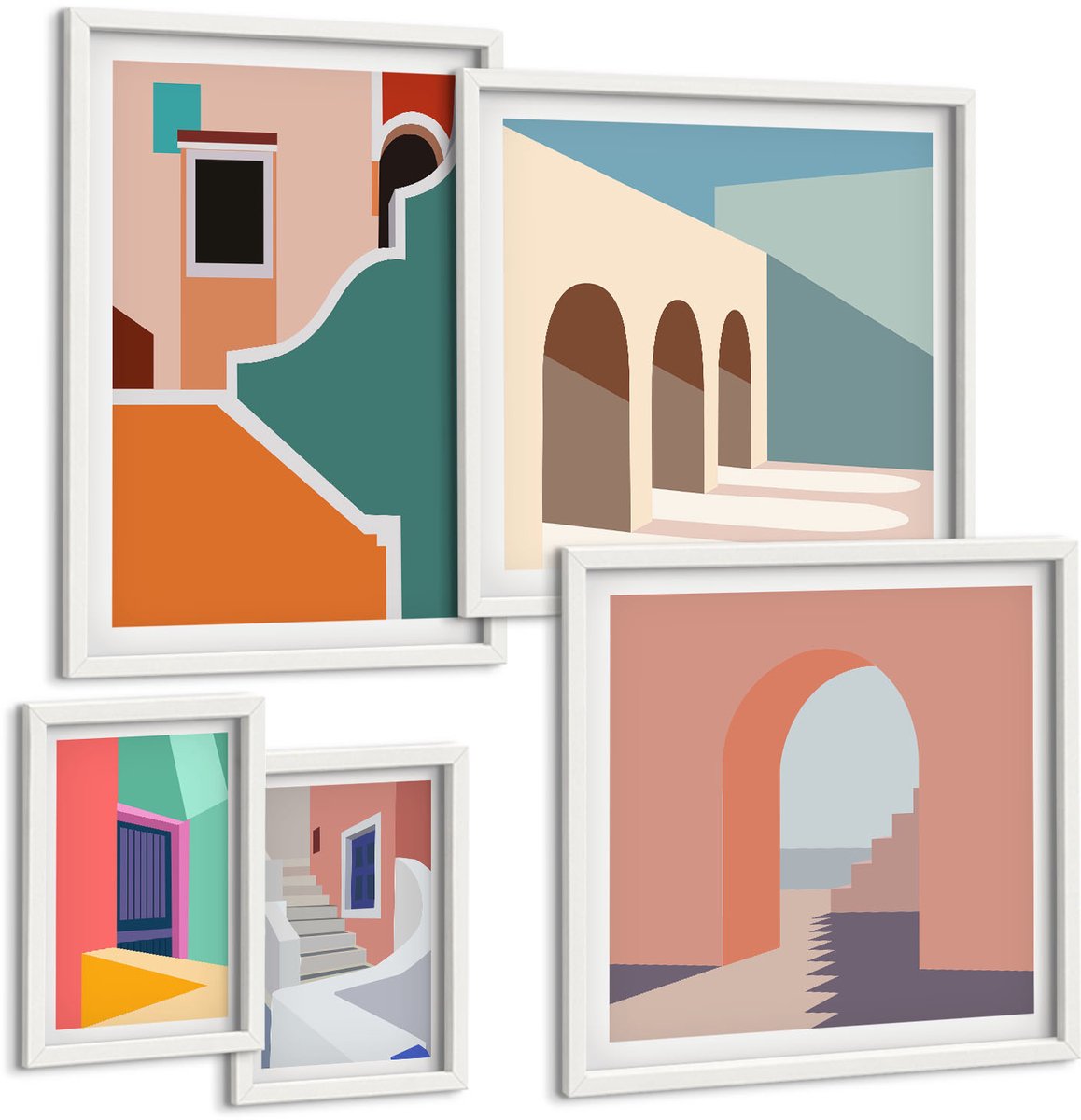 Coloray 5-Delige Schilderij Set - Kleurrijke Illustraties Van Gebouwen In Een Moderne Stijl. - 50 x 50 cm, 20 x 30 cm En 40 x 60 cm - Wanddecoratie - Schilderijen Set - Kantoor - Decoratieve Schilderijen