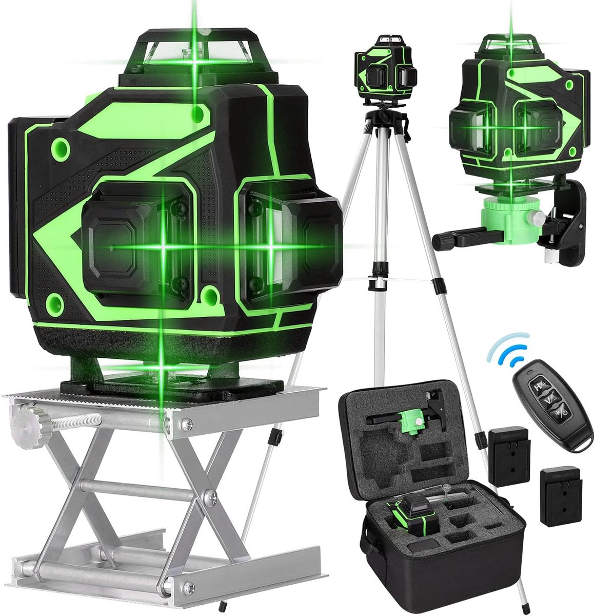 Line Laser, 4 x 360° zelfnivellerende groene laserwaterpas, 4D-rotatielaser met 16 lijnen, zelfnivellerend met 2 batterijen, in hoogte verstelbare verlengstangstatief