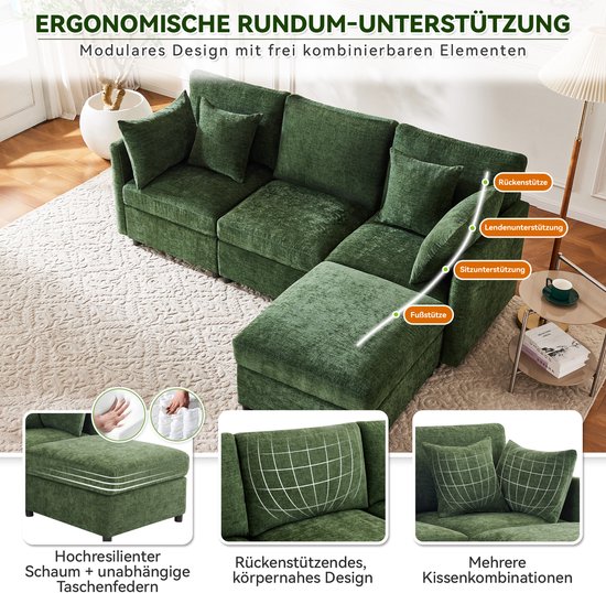 Groene modulaire hoekbank met hocker, met informatie over ergonomie en design.