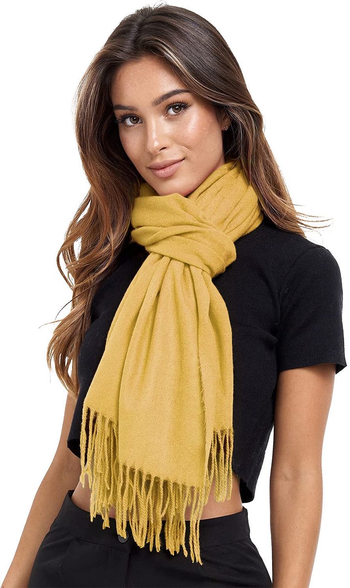 Sjaal voor dames, wintersjaal, lange sjaal met franjes, katoen, warm, herfst, winter, effen kleuren, dekensjaal en doeken, 200 x 74 cm, 165 x 70 cm, curry, 200 x 74 cm