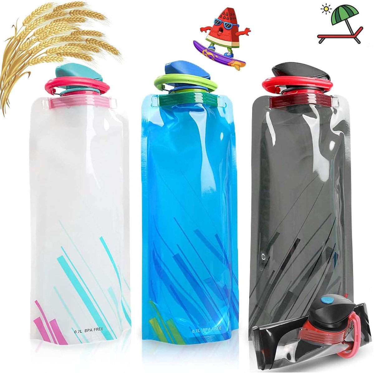 Drinkfles, 3 stuks, draagbare waterzak, waterflessenset, herbruikbare waterfles met karabijnhaak, opvouwbaar, voor wandelen, avontuur, reizen, uniseks, volwassenen, 700 ml