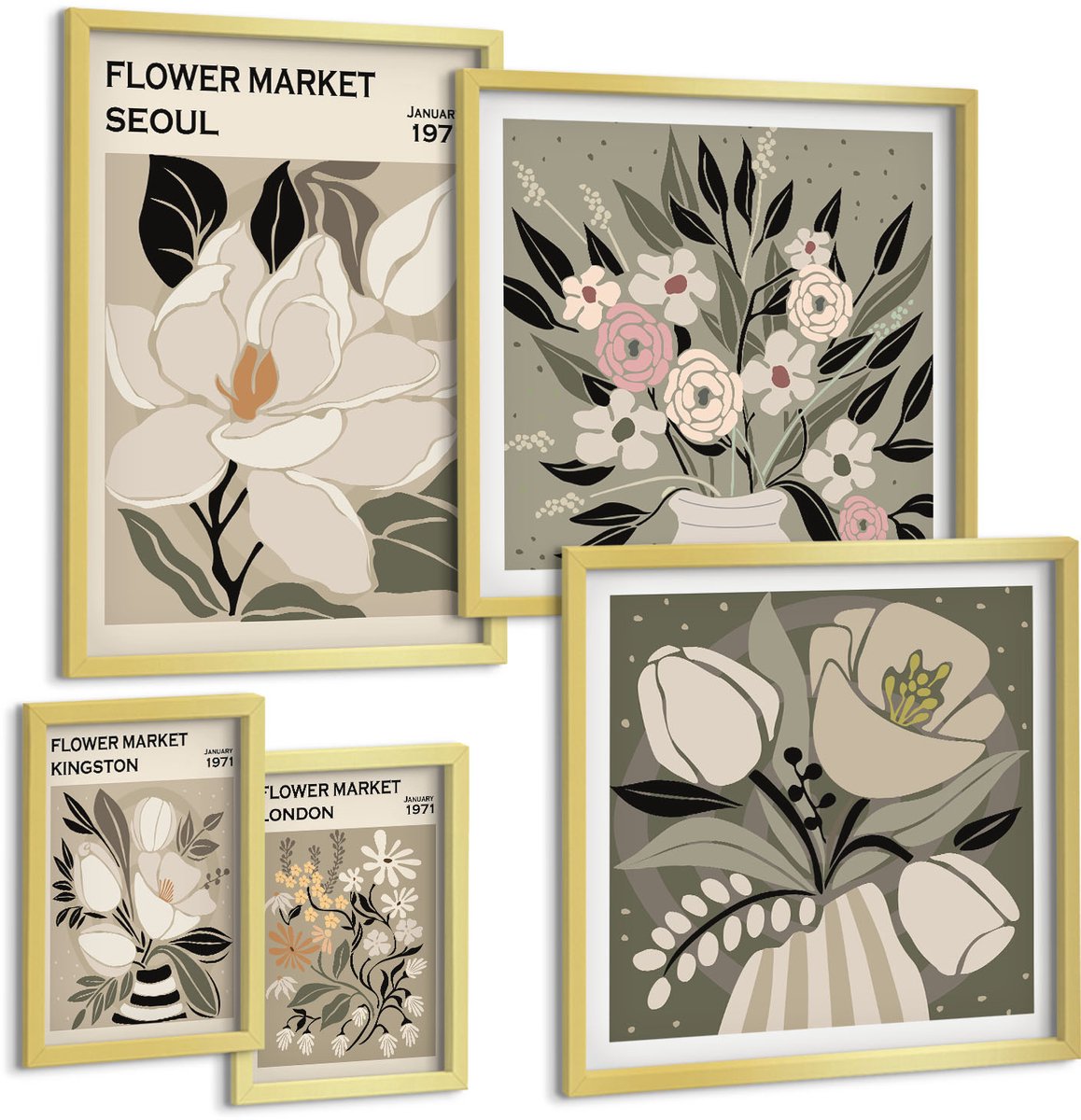 Coloray 5-Delige Schilderij Set - Bloemmotieven Van De Markten Van Londen En Seoul - 50 x 50 cm, 20 x 30 cm En 40 x 60 cm - Wanddecoratie - Schilderijen Set - Kantoor - Interieur Decoratie