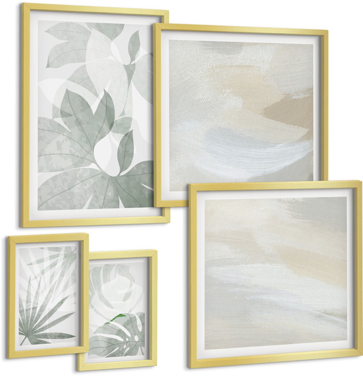 Coloray 5-Delige Schilderij Set - Plantmotieven In Ingetogen Grijs En Wit. - 50 x 50 cm, 20 x 30 cm En 40 x 60 cm - Muurdecoratie - Interieur Decoratie - Stijlvolle Muurdecoratie