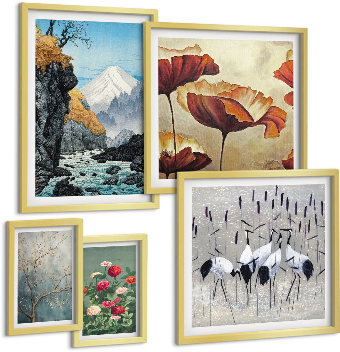 Coloray 5-Delige Schilderij Set - Natuurlandschappen Met Bloemen En Uitzicht Op De Bergen - 50 x 50 cm, 20 x 30 cm En 40 x 60 cm - Stijlvolle Muurdecoratie - Kantoor - Interieur Decoratie