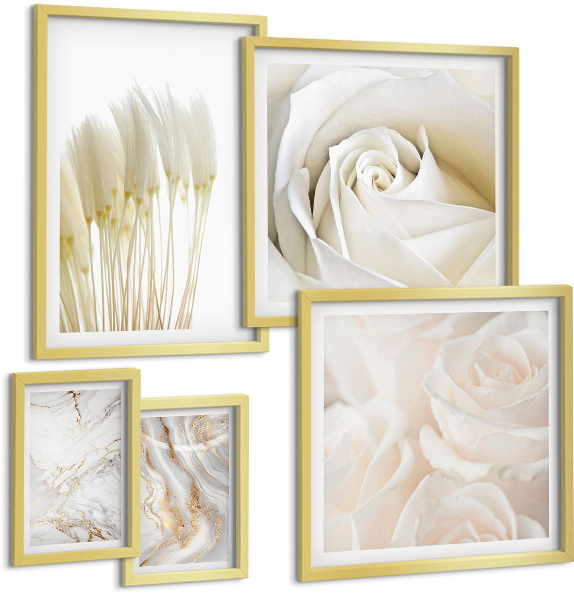 Coloray 5-Delige Schilderij Set - Elegante Witte Rozen En Marmeren Decoratieve Accenten - 50 x 50 cm, 20 x 30 cm En 40 x 60 cm - Muurdecoratie - Wanddecoratie - Slaapkamer
